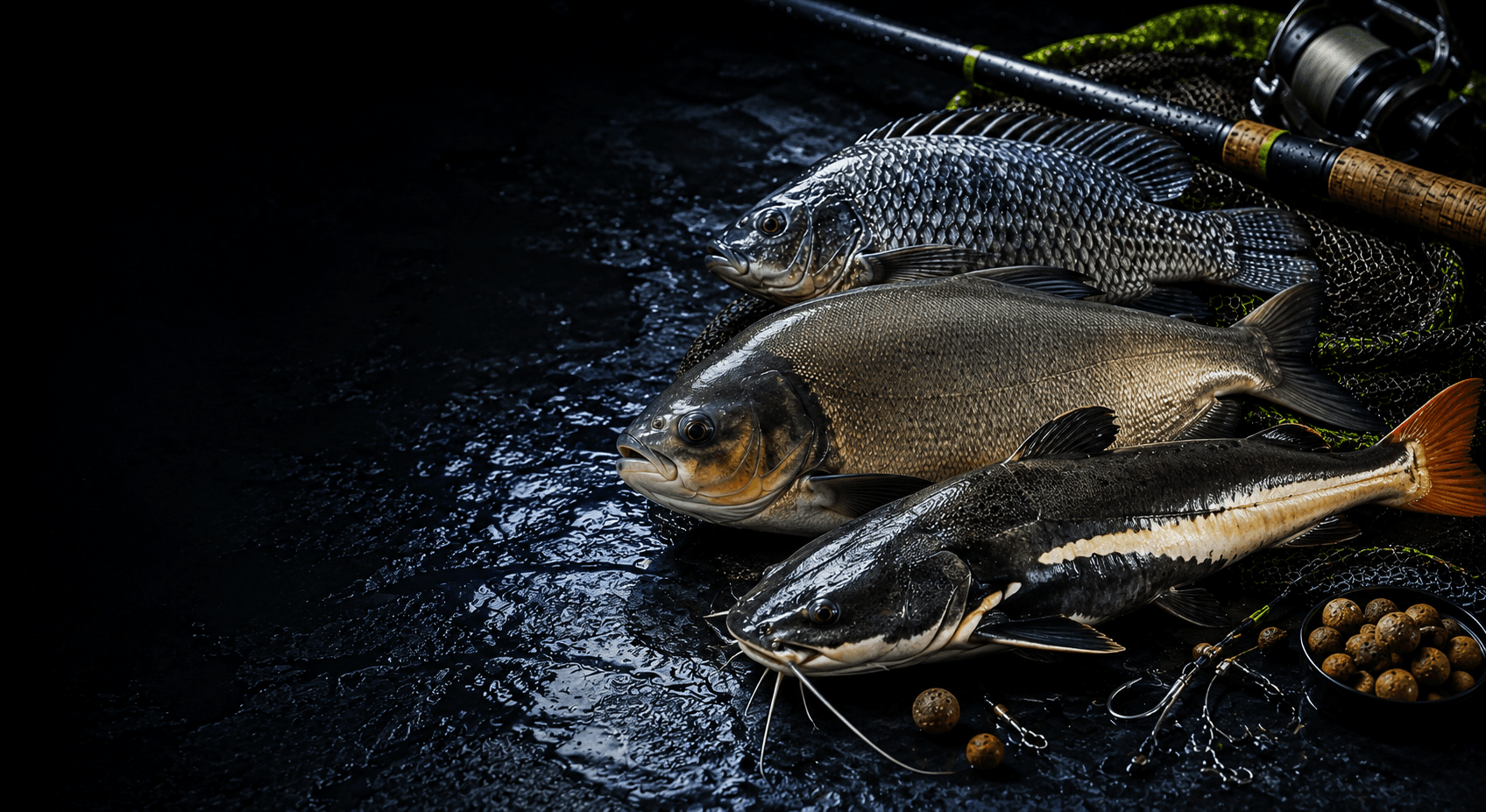 Iscas e massas para pesca organizadas sobre superfície escura